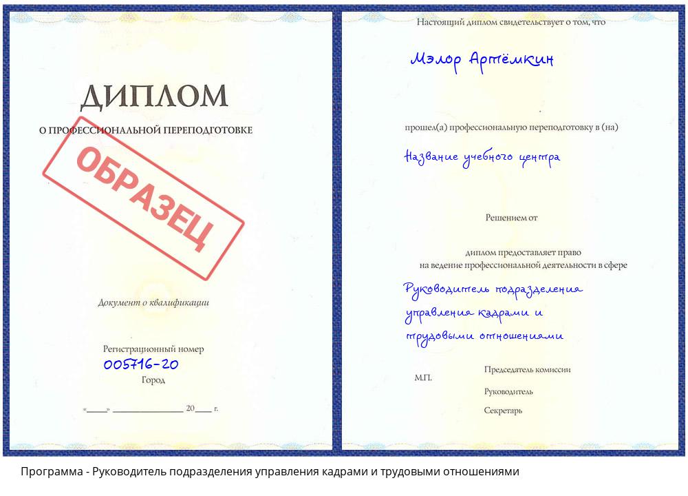 Руководитель подразделения управления кадрами и трудовыми отношениями Кореновск