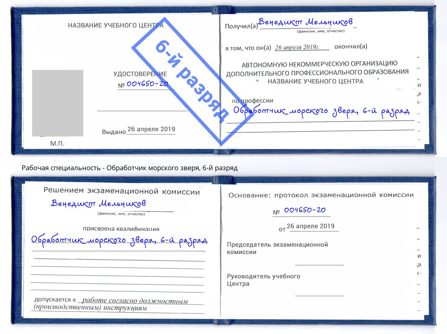 корочка 6-й разряд Обработчик морского зверя Кореновск