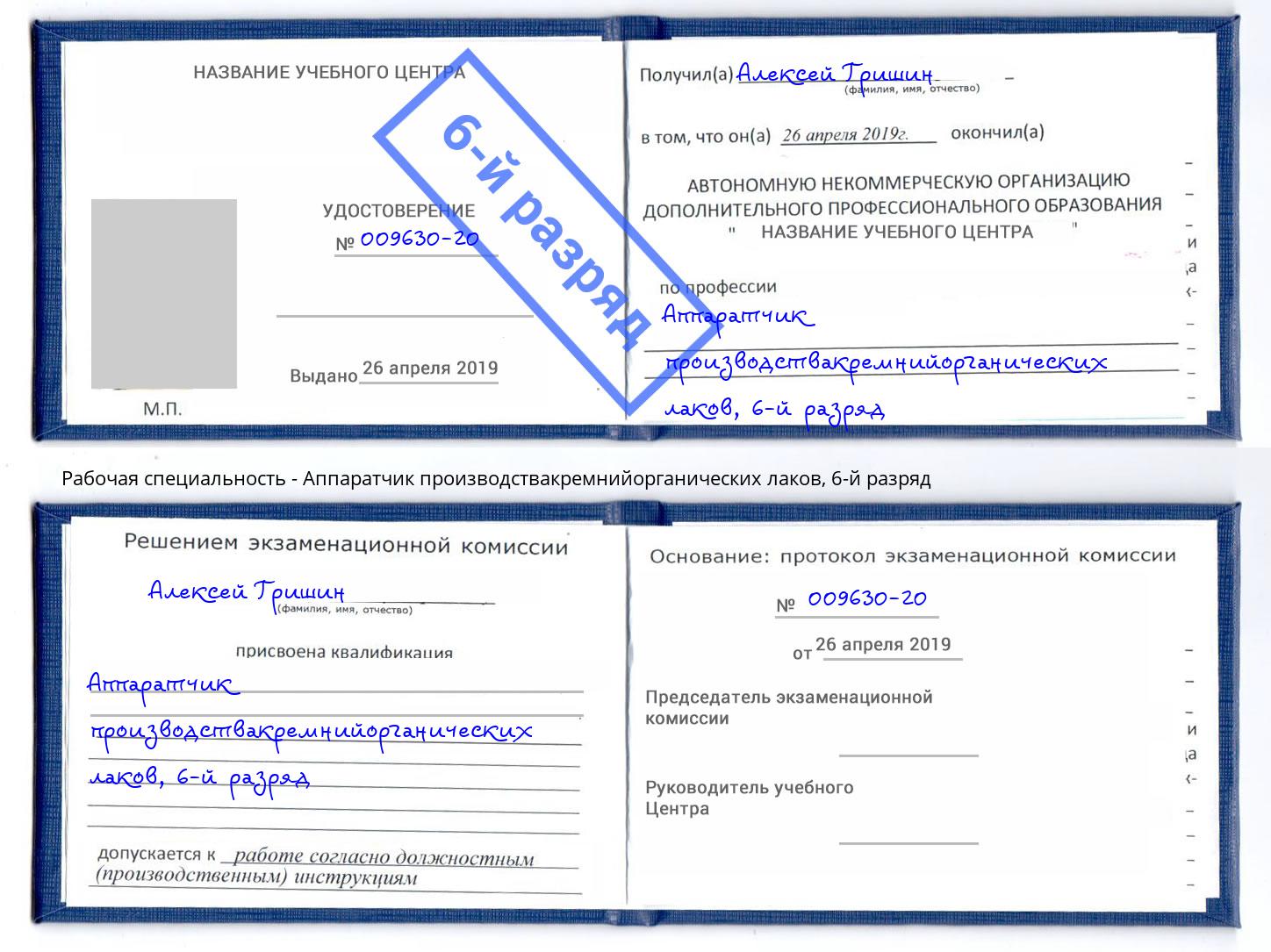 корочка 6-й разряд Аппаратчик производствакремнийорганических лаков Кореновск