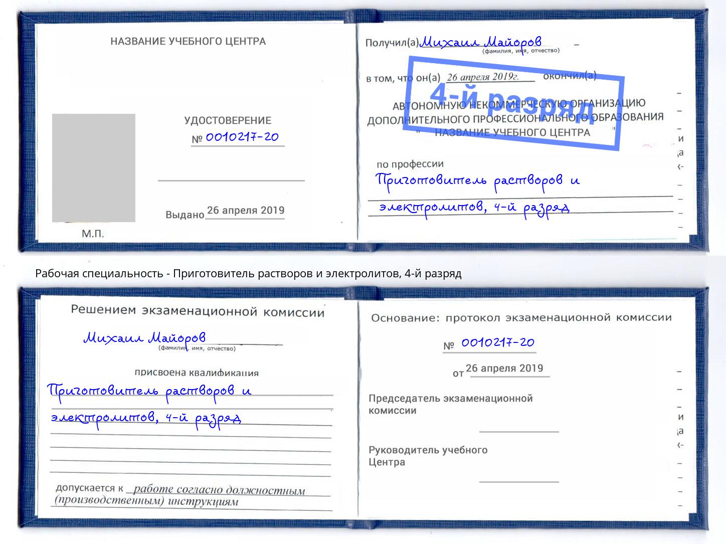 корочка 4-й разряд Приготовитель растворов и электролитов Кореновск